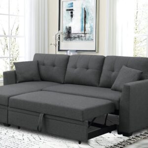 Sleeper Sectional Sofa Pull Out Couch with Storage Chaise 2 in 1 Sleeper Sofa Couch Convertible Sleeper Bed for Living Room, Apartment,Bedroom,Dark Grey