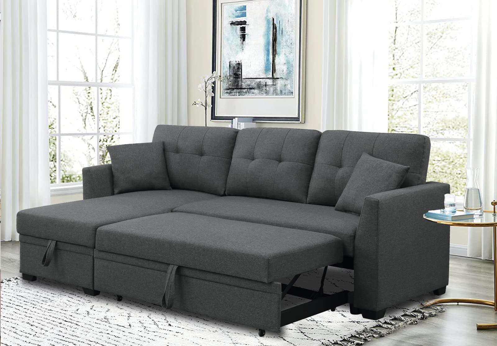 Sleeper Sectional Sofa Pull Out Couch with Storage Chaise 2 in 1 Sleeper Sofa Couch Convertible Sleeper Bed for Living Room, Apartment,Bedroom,Dark Grey