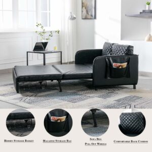 Lin-Utrend 46" Convertible Sleeper Sofa Bed, Modern Loveseat Couch with Pull Out Bed, Small Love Seat Futon Sofa Bed with Headboard, 2 Pillows Side Pockets for Living Room Apartment (Black)