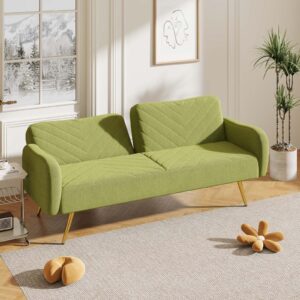 Shuoya Jewelry Modern Futon Couch Sofa Bed with 2 Pillows, Convertible Sleeper Couch Loveseat with 3 Angles Adjustable Split-Back and Solid Metal Leg for Living Room and Bedroom (Green)