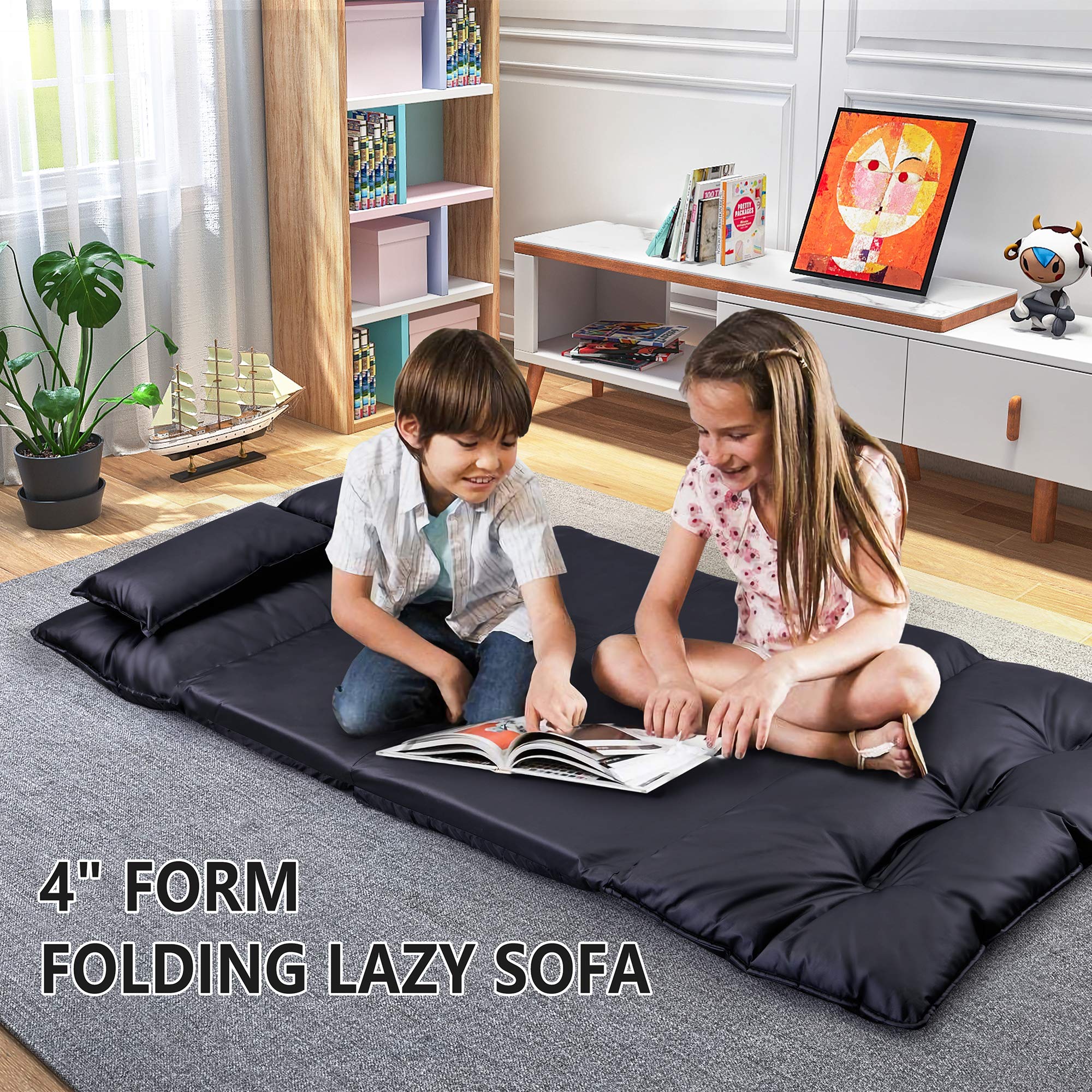 Harper & Bright Designs Floor Sofa Adjustable Lazy Sofa Bed, Foldable Mattress Futon Couch Bed with 2 Pollows (Black)