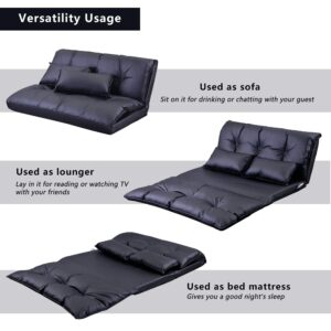 Harper & Bright Designs Floor Sofa Adjustable Lazy Sofa Bed, Foldable Mattress Futon Couch Bed with 2 Pollows (Black)