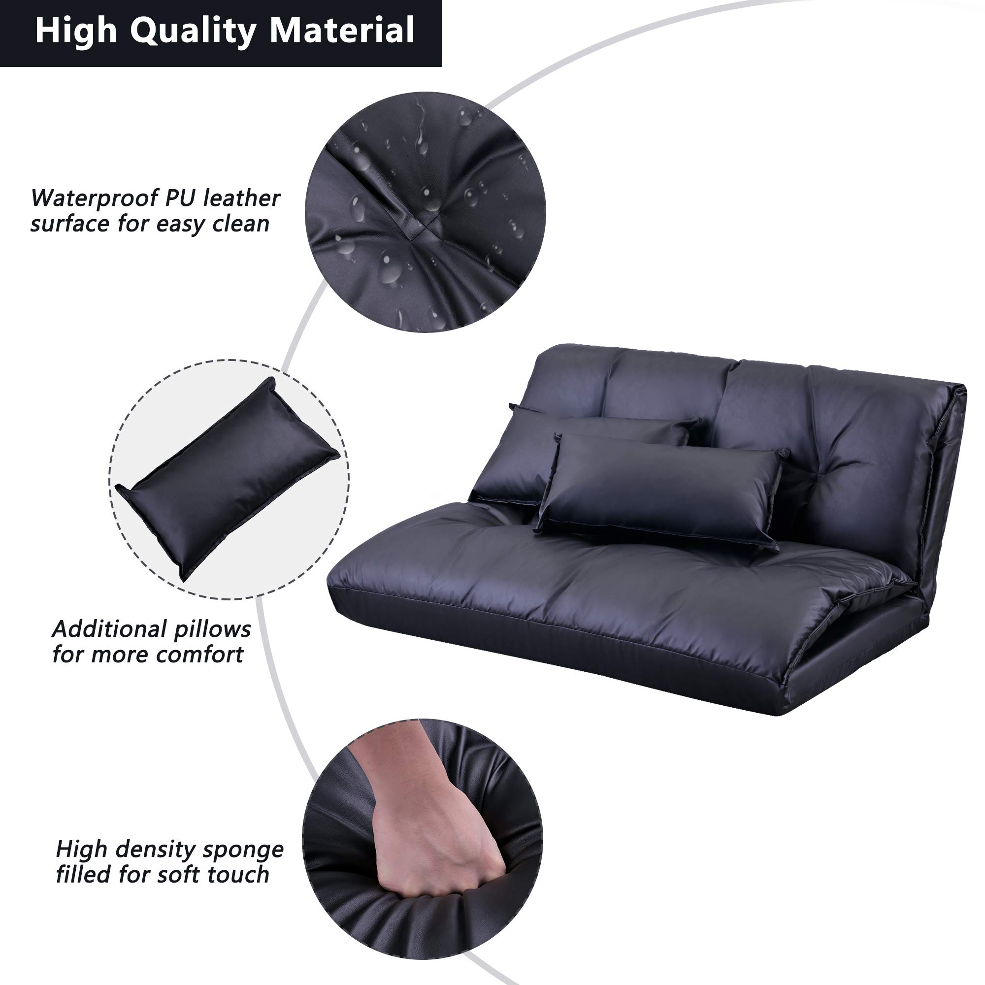 Harper & Bright Designs Floor Sofa Adjustable Lazy Sofa Bed, Foldable Mattress Futon Couch Bed with 2 Pollows (Black)