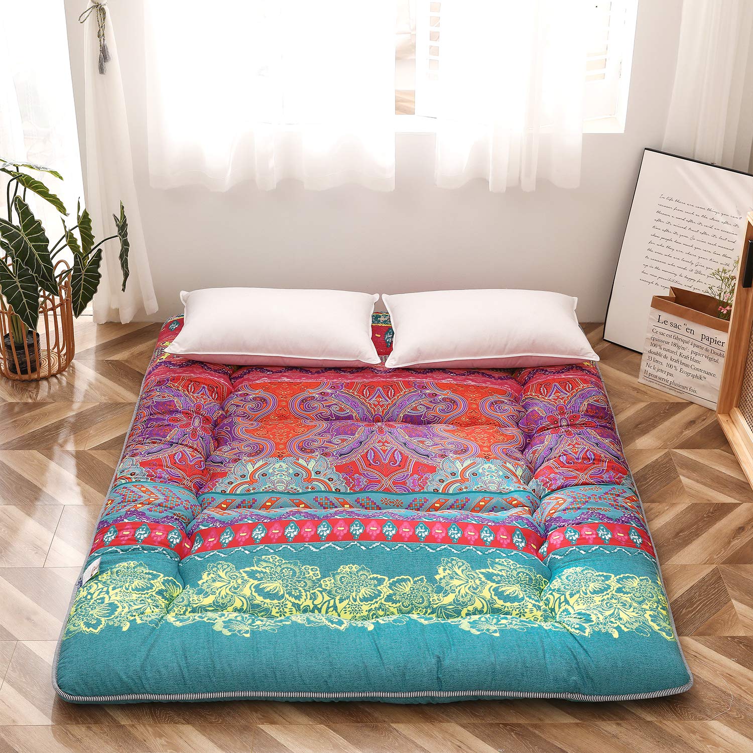 MAXYOYO Bohemian Retro Mattress Boho Floral Japanese Futon Mattress Tatami Floor Mat Foldable Portable Camping , Sleeping Pad, Lounger Couch Bed Full Size