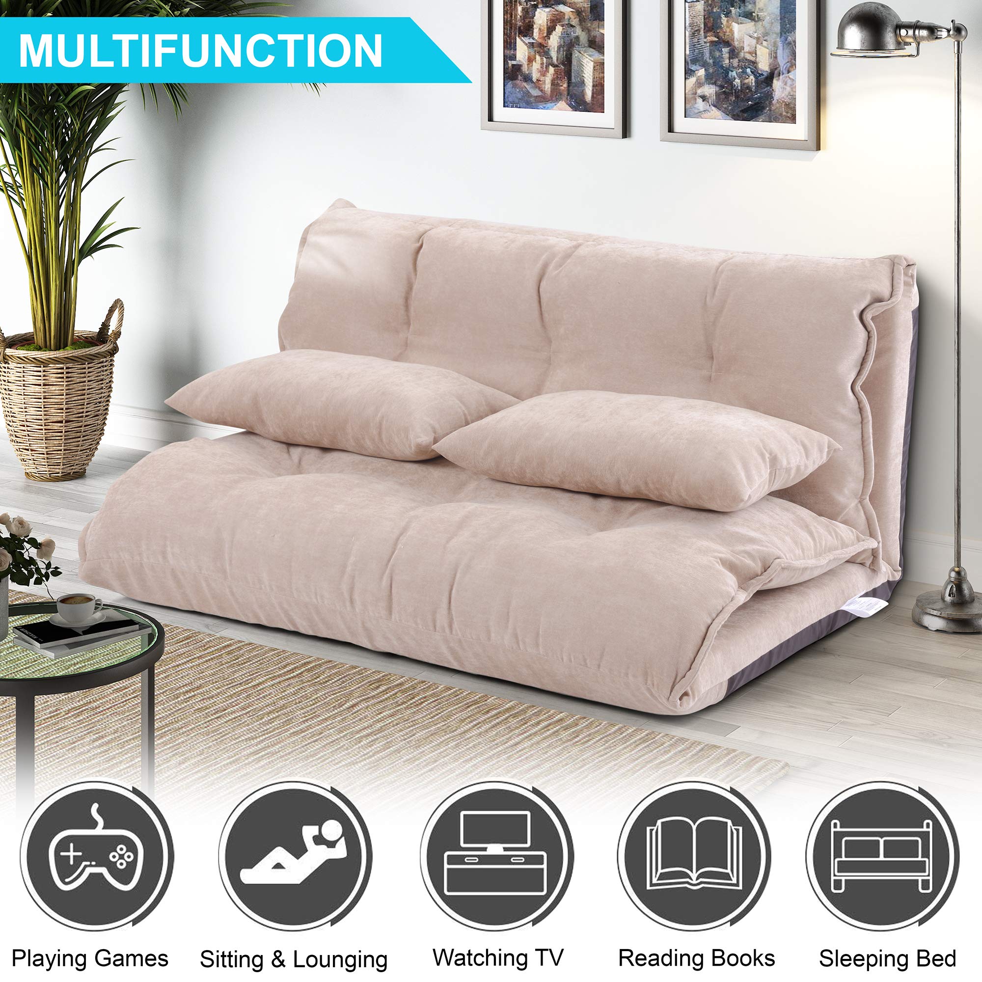 Floor Sofa, Merax Foldable Lazy Sofa Sleeper Bed with 2 Pillows, Adjustable Lounge Sofa Gaming Sofa Floor Couches 5-Position for Bedroom, Living Room, and Balcony, Beige