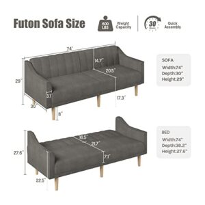 Lonkwa Velvet Futon Sofa Bed Couch, Convertible Sleeper Sofa, 74" Loveseat Futon Couch with Adjustable Backrests, Grey Couches for Living Room Bedroom Apartment