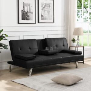 Modern Futon Sofa Bed with 2 Cupholders, PU Leather Convertible Upholstered Couch Bed Loveseat Sleeper, Folding Small Couches Love Seat, Reclining Sofa, Removable Armrests for for Small Spaces (Black)