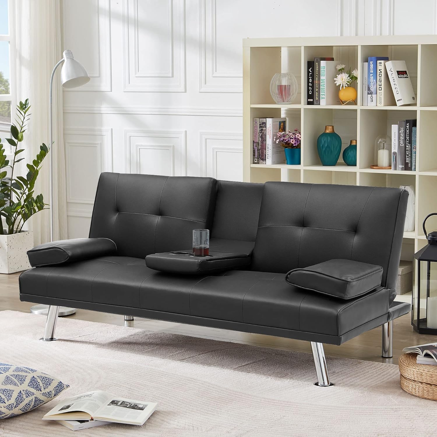 Modern Futon Sofa Bed with 2 Cupholders, PU Leather Convertible Upholstered Couch Bed Loveseat Sleeper, Folding Small Couches Love Seat, Reclining Sofa, Removable Armrests for for Small Spaces (Black)