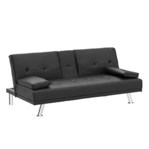 Modern Futon Sofa Bed with 2 Cupholders, PU Leather Convertible Upholstered Couch Bed Loveseat Sleeper, Folding Small Couches Love Seat, Reclining Sofa, Removable Armrests for for Small Spaces (Black)