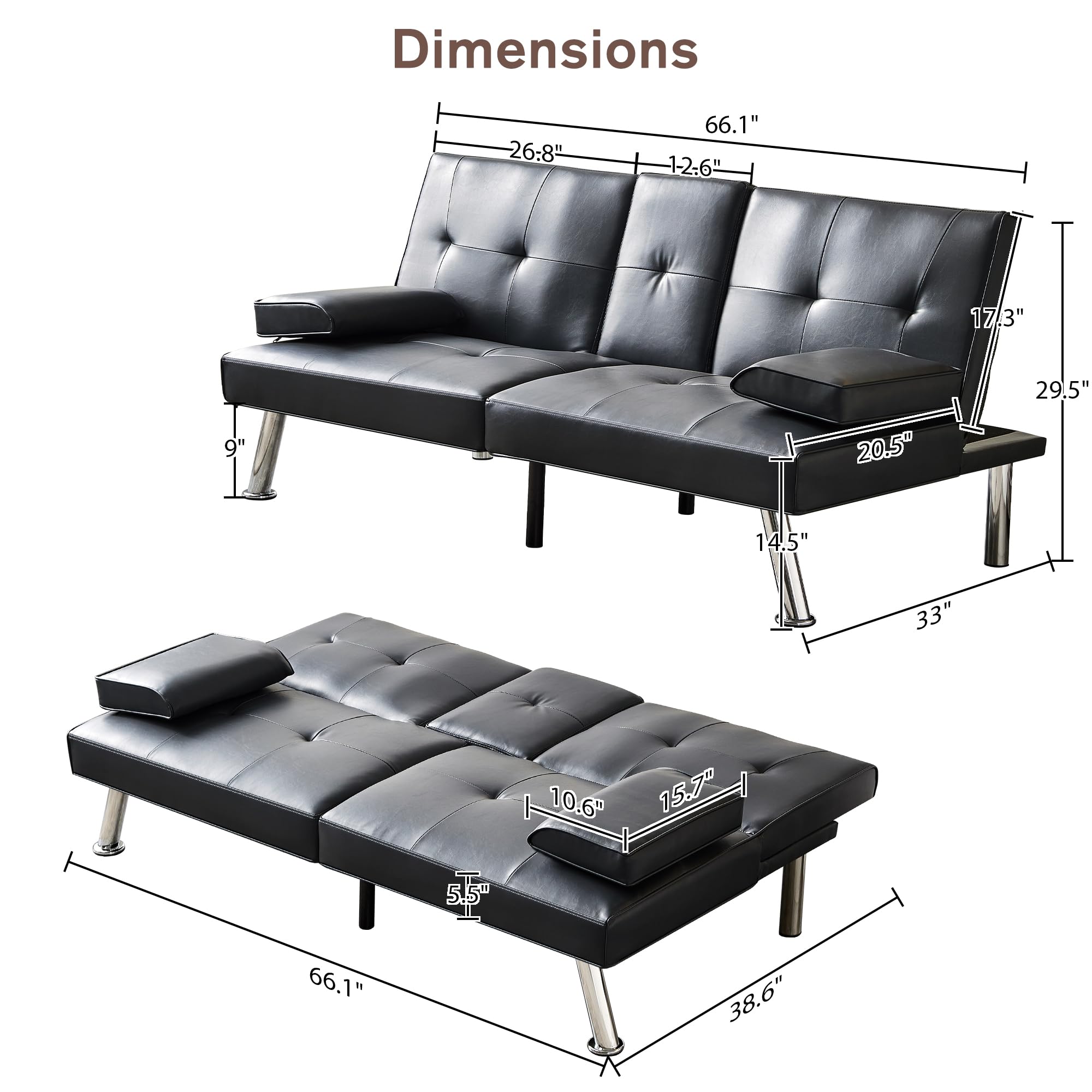 Modern Futon Sofa Bed with 2 Cupholders, PU Leather Convertible Upholstered Couch Bed Loveseat Sleeper, Folding Small Couches Love Seat, Reclining Sofa, Removable Armrests for for Small Spaces (Black)