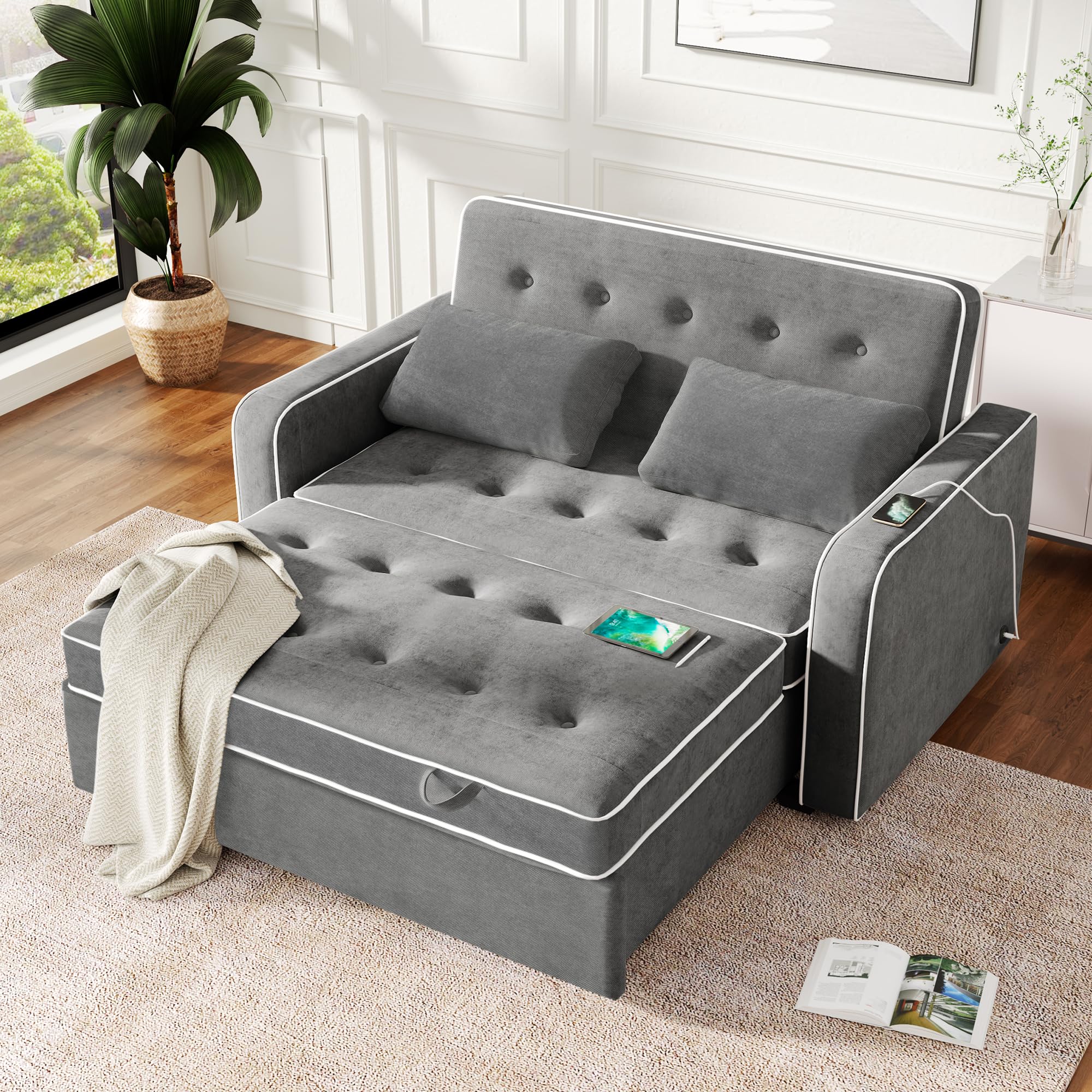 P PURLOVE Upholstered Modern Sofa Bed with Armrest, Convertible Sofa Couch with Adjustable Backrest and Dual USB Charging Port, Sleeper Bed for Living Room, Bedroom, Office, Charcoal Gray