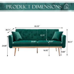 Convertible Velvet Futon Sofa Bed, Upholstered Loveseat Sleeper Couch with 3 Reclining Angles and 2 Pillows, Modern Living Room Sofa Couch with 5 Solid Metal Legs for Guest Room, Office, Emerald