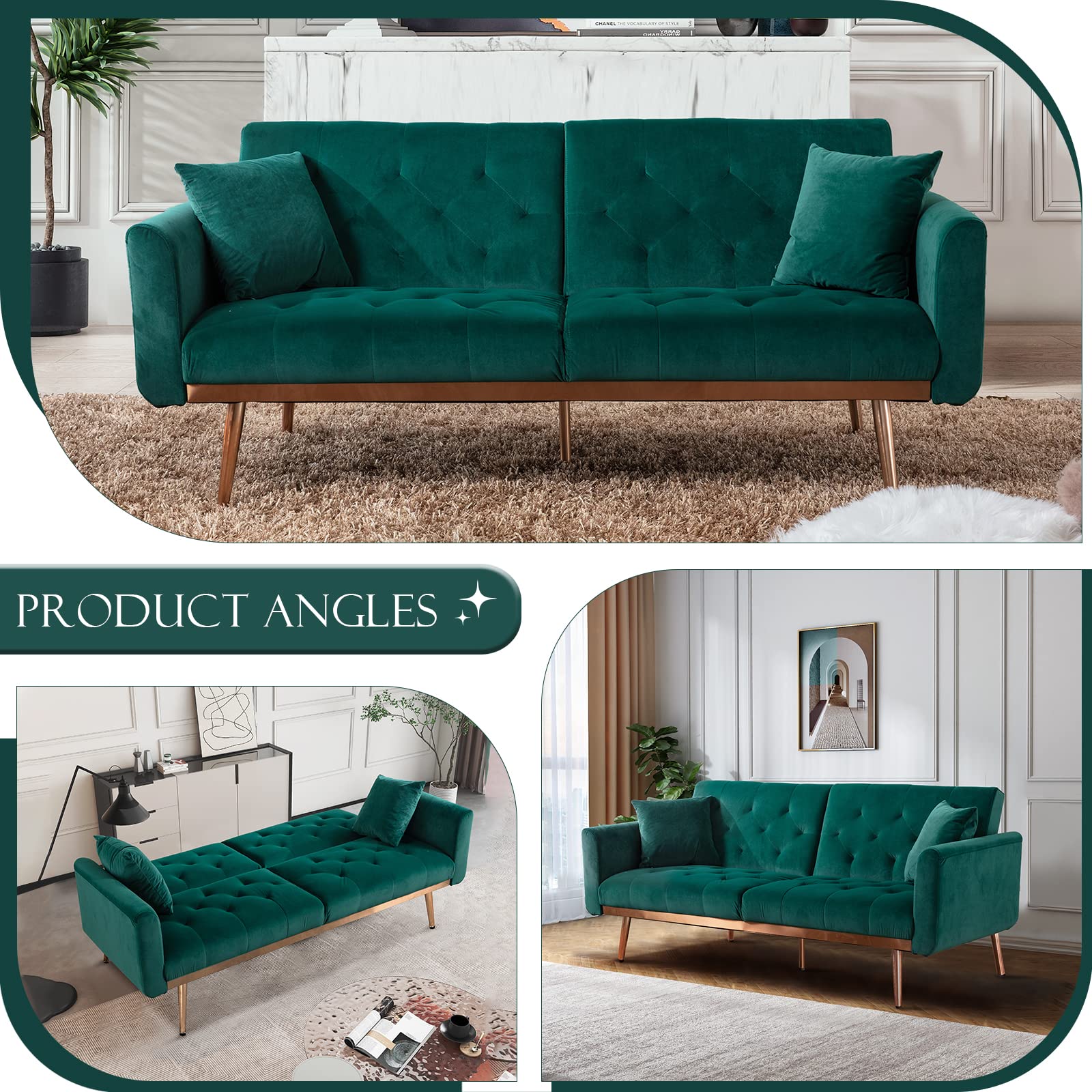 Convertible Velvet Futon Sofa Bed, Upholstered Loveseat Sleeper Couch with 3 Reclining Angles and 2 Pillows, Modern Living Room Sofa Couch with 5 Solid Metal Legs for Guest Room, Office, Emerald