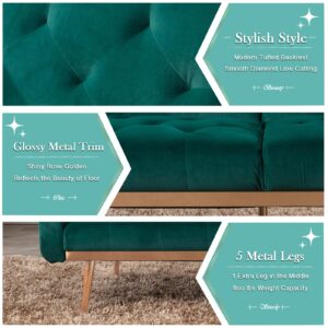 Convertible Velvet Futon Sofa Bed, Upholstered Loveseat Sleeper Couch with 3 Reclining Angles and 2 Pillows, Modern Living Room Sofa Couch with 5 Solid Metal Legs for Guest Room, Office, Emerald