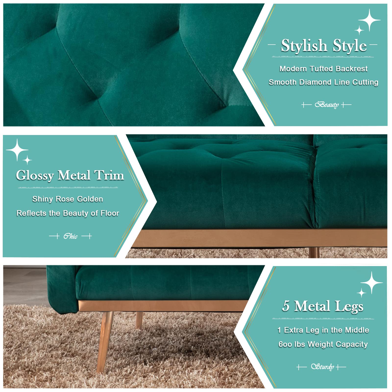 Convertible Velvet Futon Sofa Bed, Upholstered Loveseat Sleeper Couch with 3 Reclining Angles and 2 Pillows, Modern Living Room Sofa Couch with 5 Solid Metal Legs for Guest Room, Office, Emerald