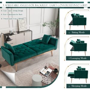 Convertible Velvet Futon Sofa Bed, Upholstered Loveseat Sleeper Couch with 3 Reclining Angles and 2 Pillows, Modern Living Room Sofa Couch with 5 Solid Metal Legs for Guest Room, Office, Emerald