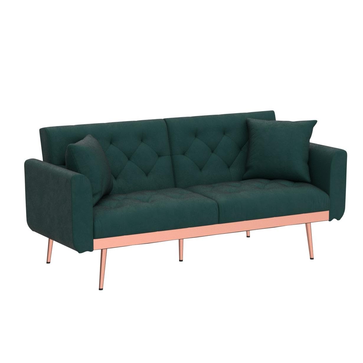 Convertible Velvet Futon Sofa Bed, Upholstered Loveseat Sleeper Couch with 3 Reclining Angles and 2 Pillows, Modern Living Room Sofa Couch with 5 Solid Metal Legs for Guest Room, Office, Emerald