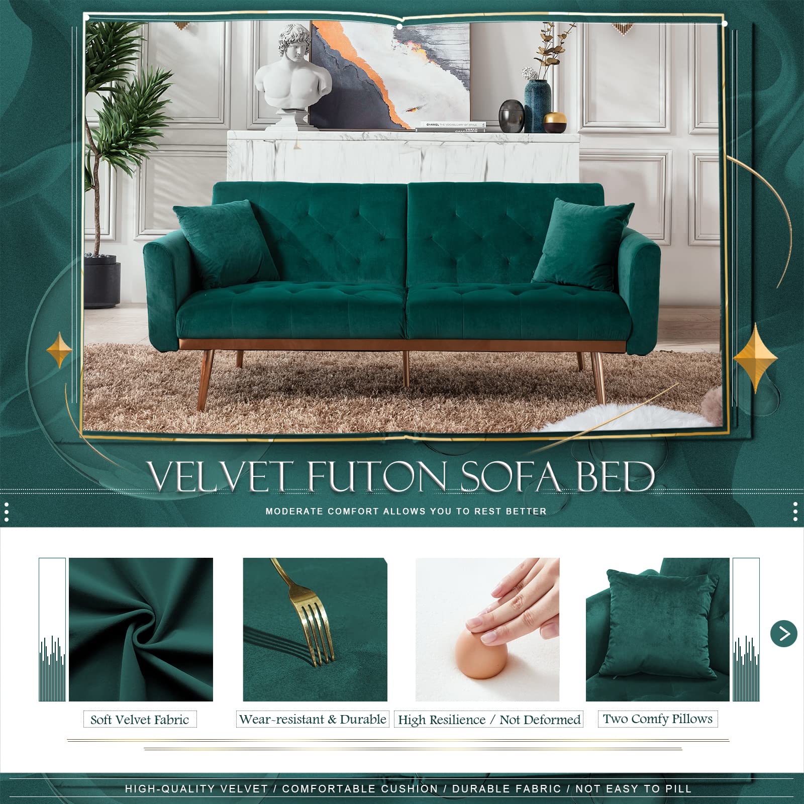 Convertible Velvet Futon Sofa Bed, Upholstered Loveseat Sleeper Couch with 3 Reclining Angles and 2 Pillows, Modern Living Room Sofa Couch with 5 Solid Metal Legs for Guest Room, Office, Emerald