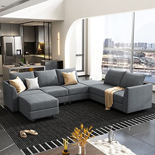 HONBAY Modular Sectional Sofa U Shaped Sectional Souch with Ottoman 7 Seat Modular Sofa with Chaise for Living Room, Bluish Grey