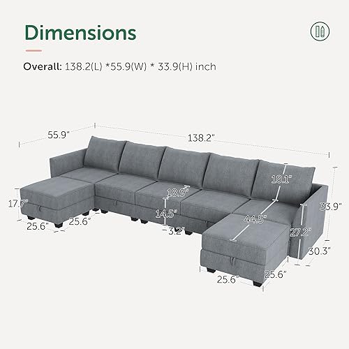 HONBAY Modular Sectional Sofa U Shaped Sectional Souch with Ottoman 7 Seat Modular Sofa with Chaise for Living Room, Bluish Grey