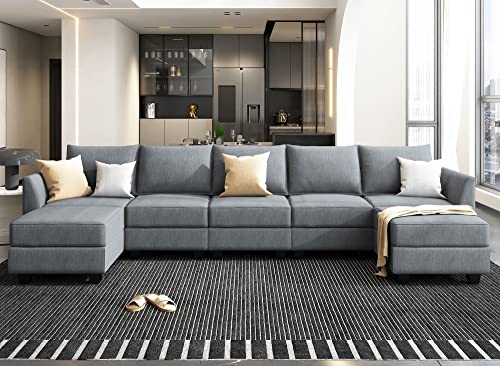 HONBAY Modular Sectional Sofa U Shaped Sectional Souch with Ottoman 7 Seat Modular Sofa with Chaise for Living Room, Bluish Grey