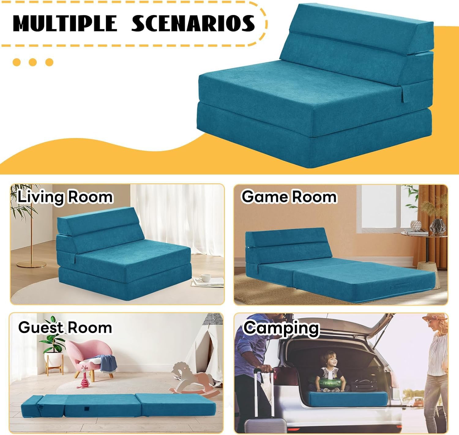 jela Sofa Bed Foldable Mattress Luxury Miss Fabric, Folding Sleeper Sofa Chair Bed Floor Mattress Floor Couch, Fold Out Couch Futon Mattress for Guest Room, Living Room (83"x33",Lightblue)