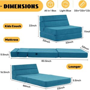 jela Sofa Bed Foldable Mattress Luxury Miss Fabric, Folding Sleeper Sofa Chair Bed Floor Mattress Floor Couch, Fold Out Couch Futon Mattress for Guest Room, Living Room (83"x33",Lightblue)