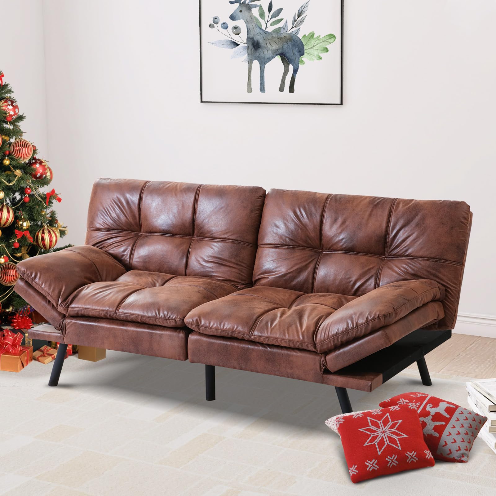 Hcore Convertible Sleeper, Memory Foam Futon Couch,Loveseat Bed,Small Splitback Modern Sofa Sofabed, Brown