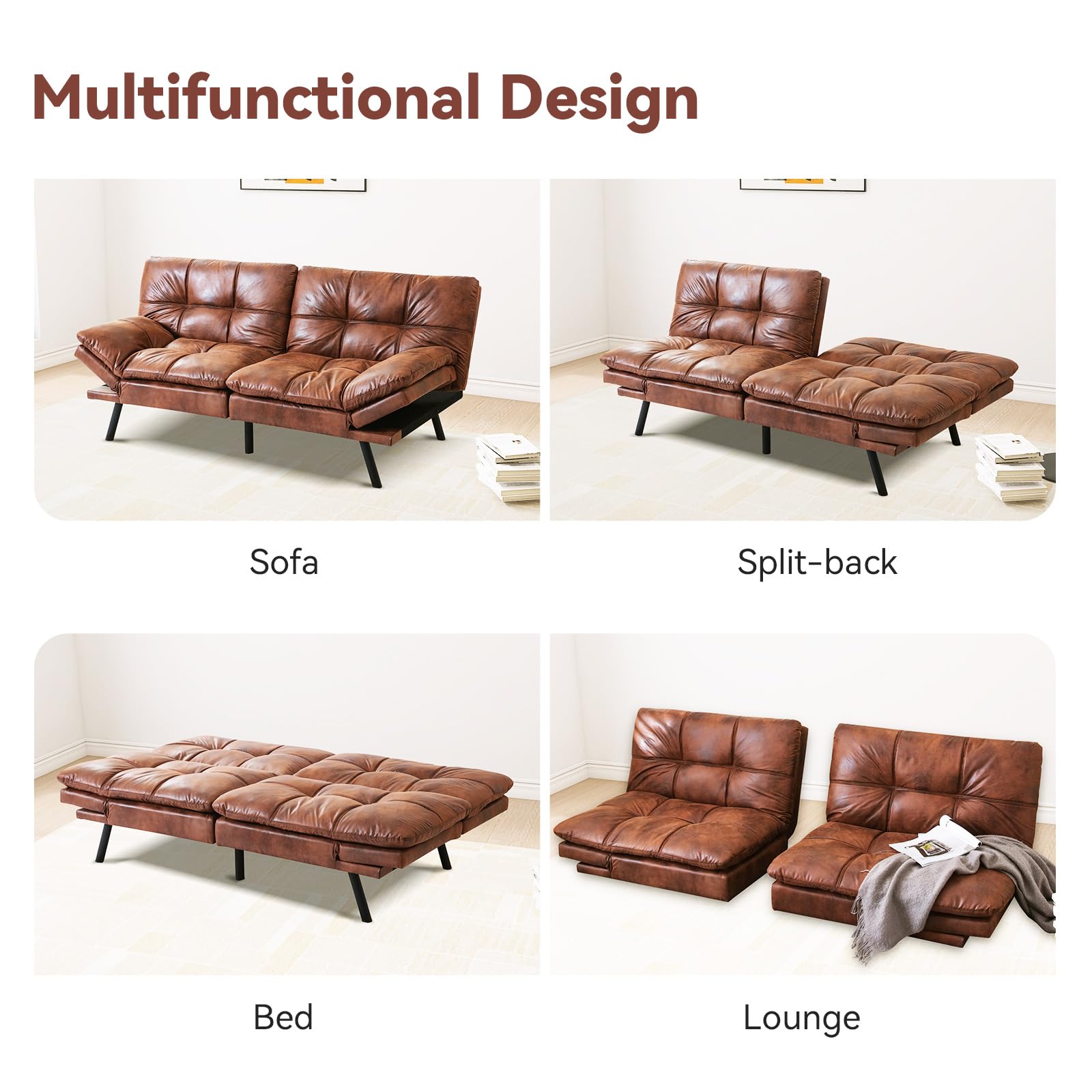 Hcore Convertible Sleeper, Memory Foam Futon Couch,Loveseat Bed,Small Splitback Modern Sofa Sofabed, Brown