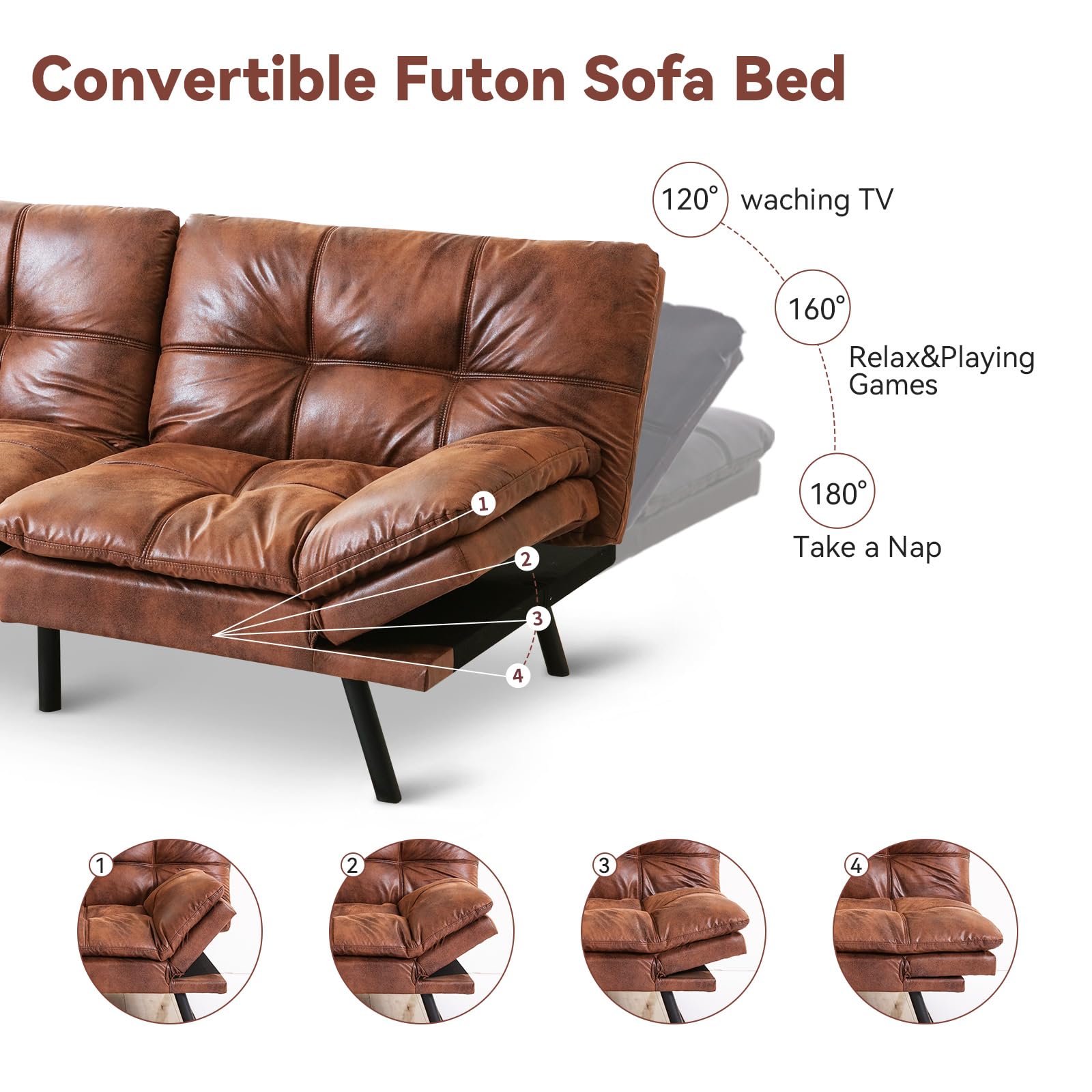 Hcore Convertible Sleeper, Memory Foam Futon Couch,Loveseat Bed,Small Splitback Modern Sofa Sofabed, Brown