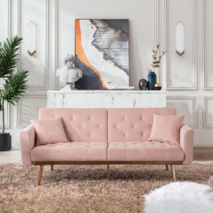 convertible velvet futon sofa bed, upholstered loveseat sleeper couch with 3 reclining angles and 2 pillows, modern living room sofa couch with 5 solid metal legs for guest room, office, pink