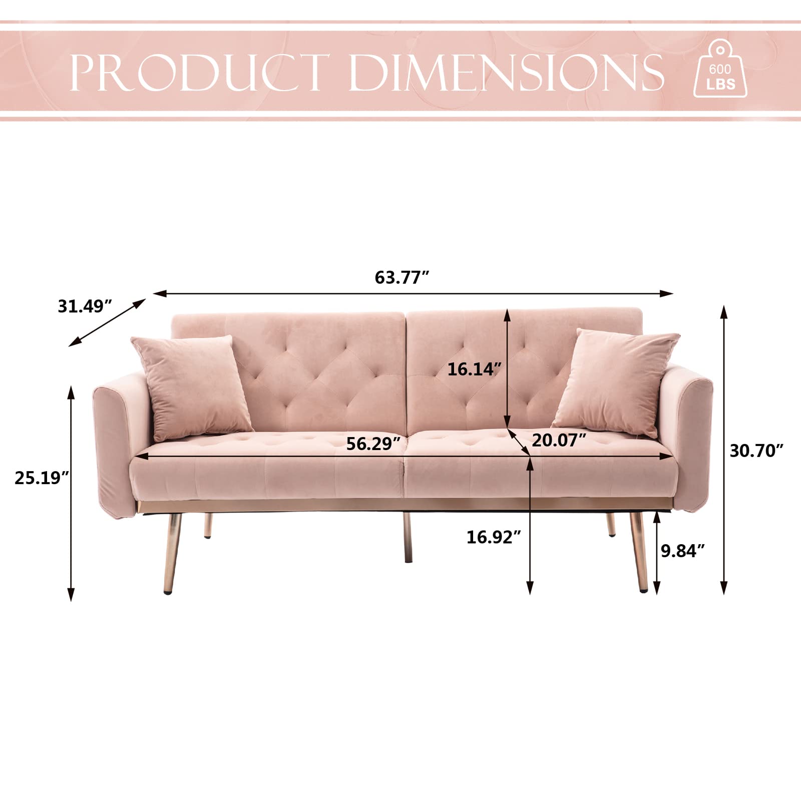 Convertible Velvet Futon Sofa Bed, Upholstered Loveseat Sleeper Couch with 3 Reclining Angles and 2 Pillows, Modern Living Room Sofa Couch with 5 Solid Metal Legs for Guest Room, Office, Pink