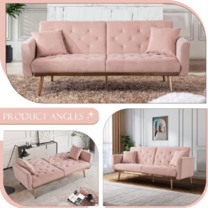 Convertible Velvet Futon Sofa Bed, Upholstered Loveseat Sleeper Couch with 3 Reclining Angles and 2 Pillows, Modern Living Room Sofa Couch with 5 Solid Metal Legs for Guest Room, Office, Pink