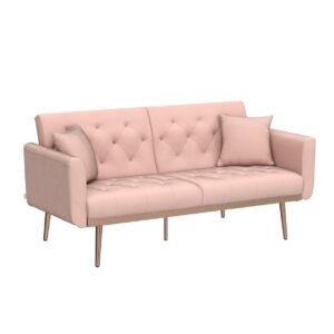 Convertible Velvet Futon Sofa Bed, Upholstered Loveseat Sleeper Couch with 3 Reclining Angles and 2 Pillows, Modern Living Room Sofa Couch with 5 Solid Metal Legs for Guest Room, Office, Pink