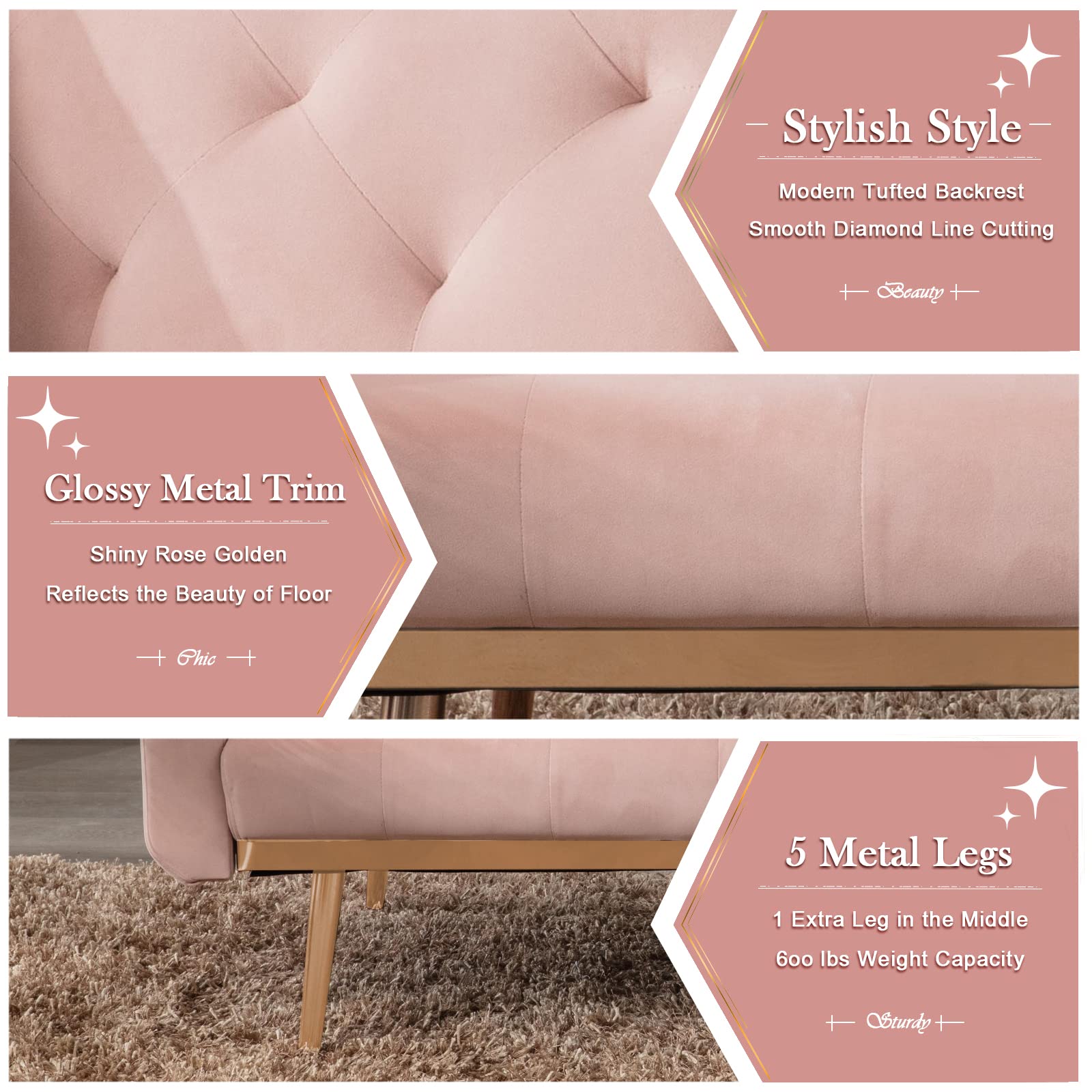 Convertible Velvet Futon Sofa Bed, Upholstered Loveseat Sleeper Couch with 3 Reclining Angles and 2 Pillows, Modern Living Room Sofa Couch with 5 Solid Metal Legs for Guest Room, Office, Pink