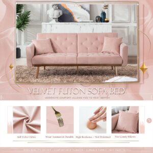 Convertible Velvet Futon Sofa Bed, Upholstered Loveseat Sleeper Couch with 3 Reclining Angles and 2 Pillows, Modern Living Room Sofa Couch with 5 Solid Metal Legs for Guest Room, Office, Pink