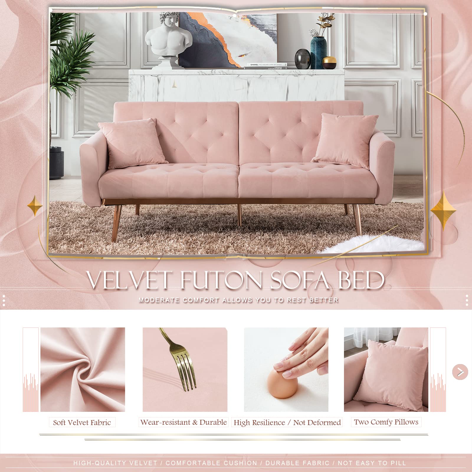 Convertible Velvet Futon Sofa Bed, Upholstered Loveseat Sleeper Couch with 3 Reclining Angles and 2 Pillows, Modern Living Room Sofa Couch with 5 Solid Metal Legs for Guest Room, Office, Pink