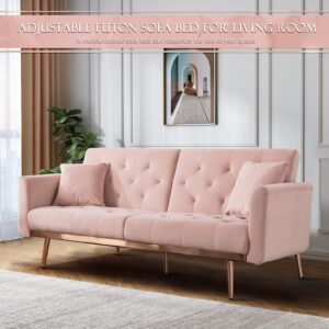 Convertible Velvet Futon Sofa Bed, Upholstered Loveseat Sleeper Couch with 3 Reclining Angles and 2 Pillows, Modern Living Room Sofa Couch with 5 Solid Metal Legs for Guest Room, Office, Pink