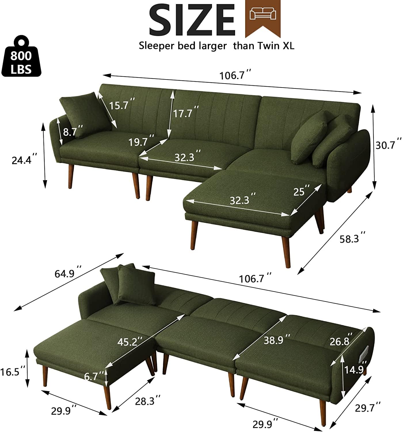 NOBLEMOOD Sectional Sofa Bed, Convertible L-Shaped Couch, Modern 3 Seat Linen Fabric Couch Sofa with Ottoman 3 Pillows Adjustable Backrest for Apartment Living Room (Moss Green)