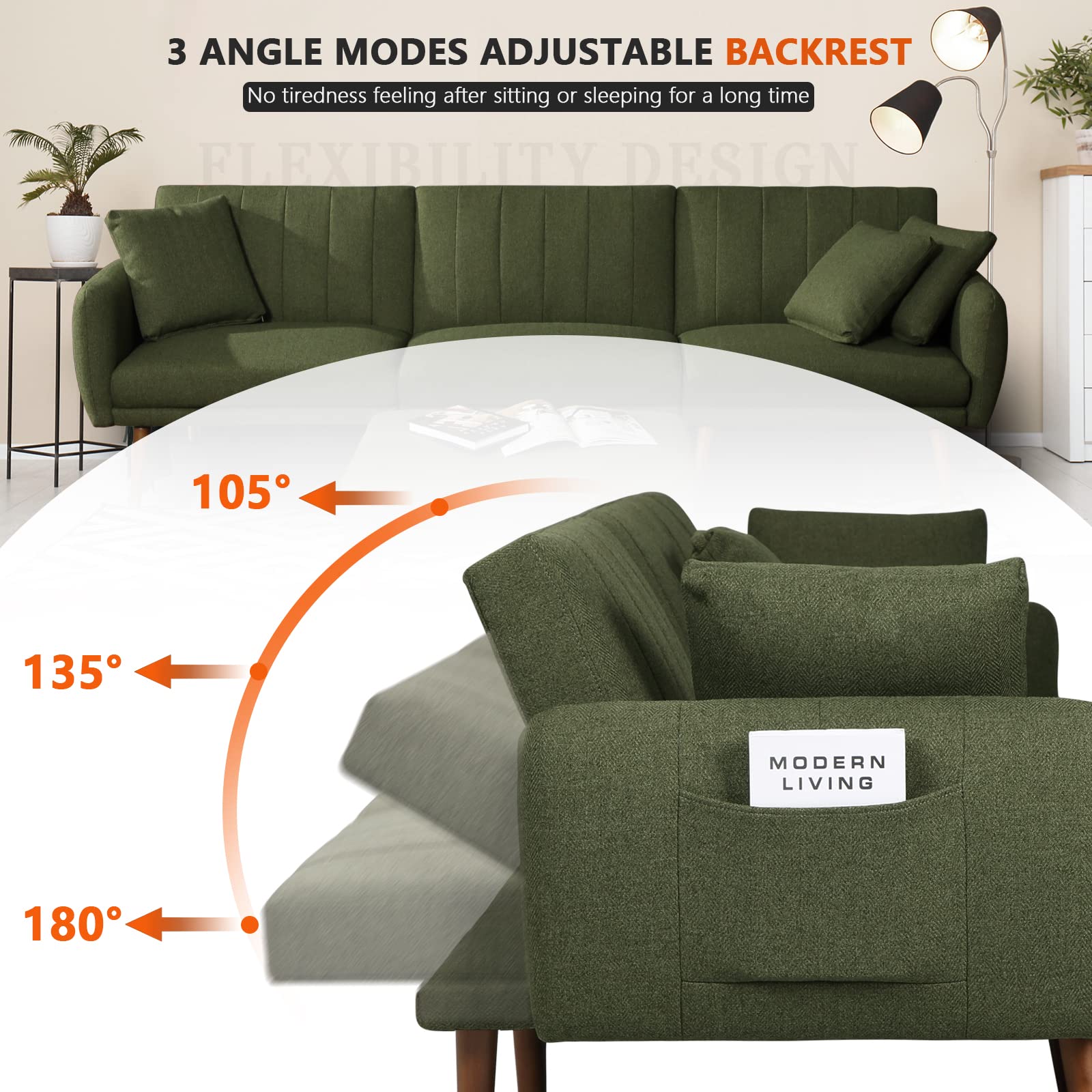 NOBLEMOOD Sectional Sofa Bed, Convertible L-Shaped Couch, Modern 3 Seat Linen Fabric Couch Sofa with Ottoman 3 Pillows Adjustable Backrest for Apartment Living Room (Moss Green)