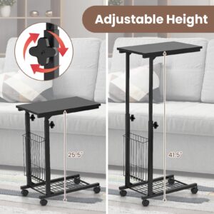 Tangkula Rolling Height Adjustable C Table, Mobile End Table with Detachable Wheels, Side Basket and Bottom Mesh Storage, Space-saving Slide Under Sofa Table for Living Room Bedroom