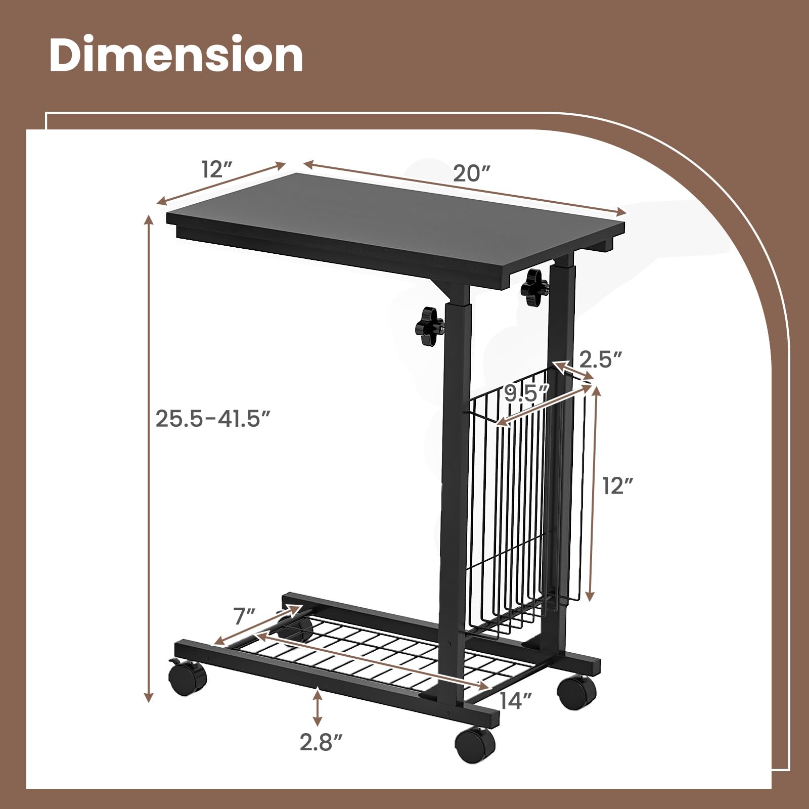 Tangkula Rolling Height Adjustable C Table, Mobile End Table with Detachable Wheels, Side Basket and Bottom Mesh Storage, Space-saving Slide Under Sofa Table for Living Room Bedroom