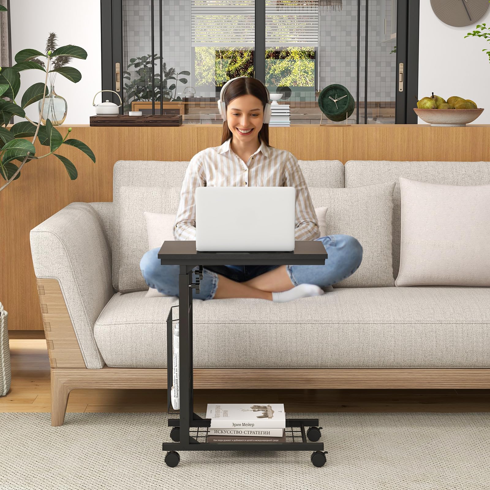 Tangkula Rolling Height Adjustable C Table, Mobile End Table with Detachable Wheels, Side Basket and Bottom Mesh Storage, Space-saving Slide Under Sofa Table for Living Room Bedroom