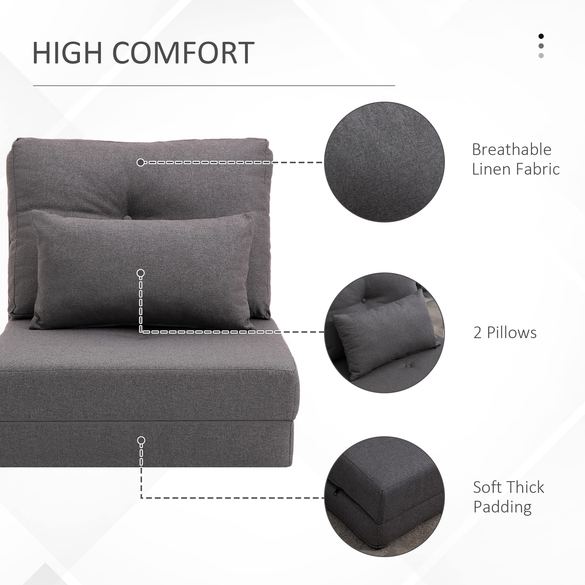 HOMCOM Convertible Flip Chair, Floor Lazy Sofa, Folding Upholstered Couch Bed with Adjustable Backrest, Metal Frame and Pillows for Living Room Bedroom, Dark Grey