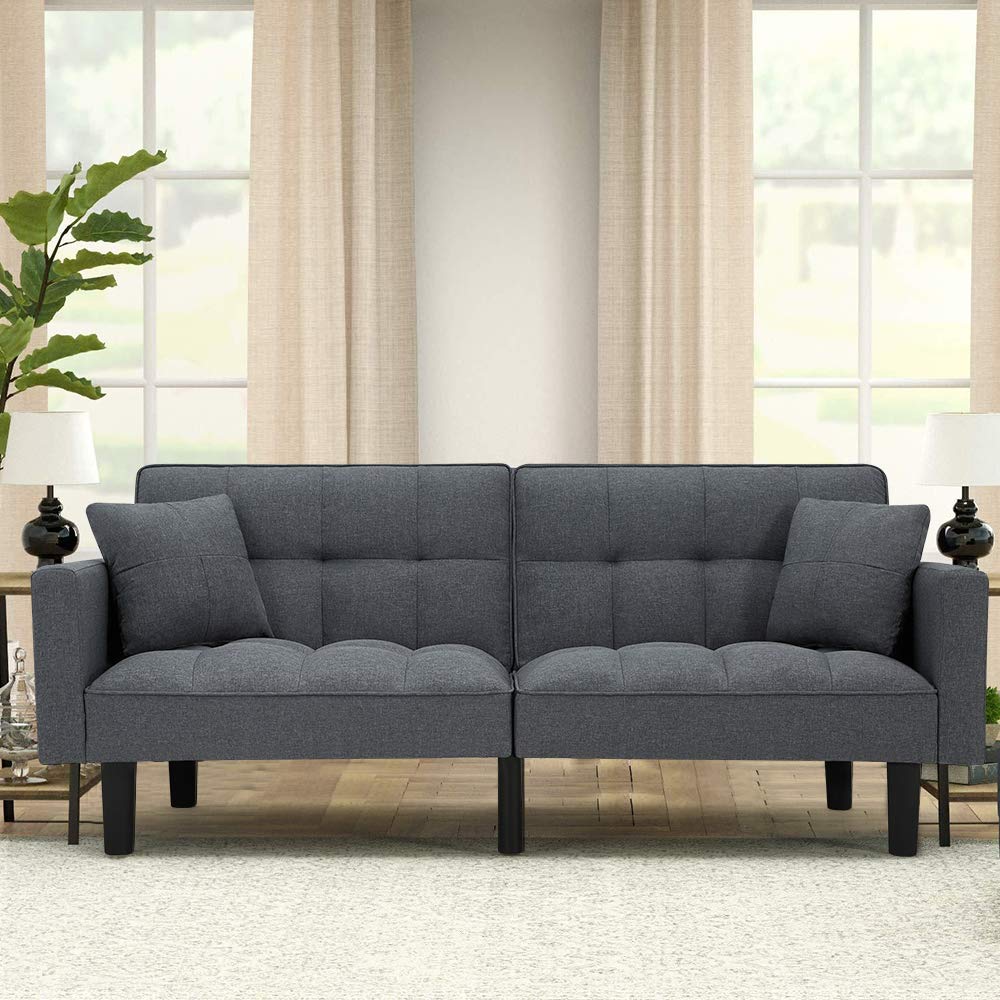 HOMHUM Modern Linen Convertible Futon Sofa Bed Folding Couch Recliner Adjustable Back with Arm Set for Living Room, Grey