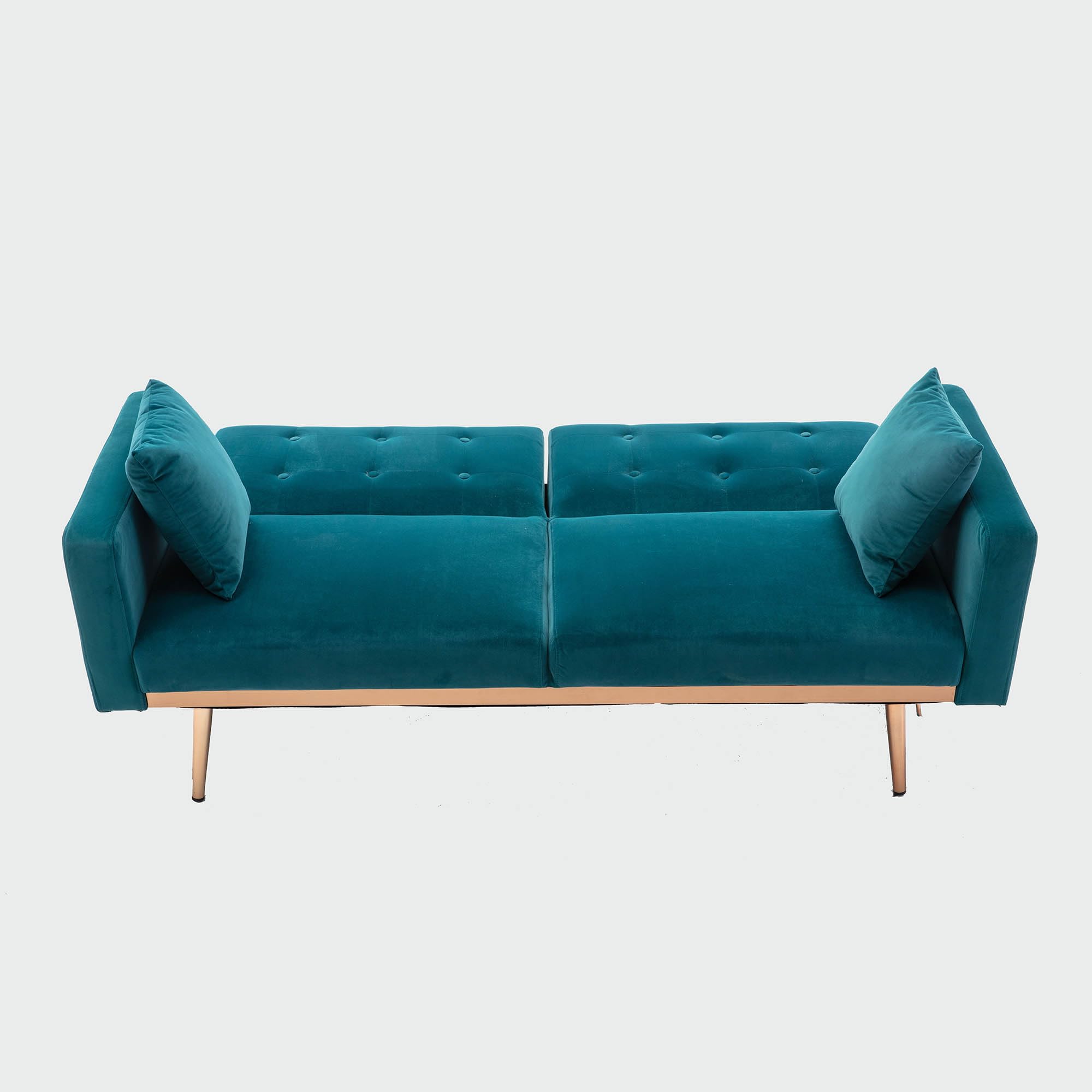 RIDFY 65”Velvet Loveseat Sofa Converts to Bed,Mid Century Modern Sofa Bed w/Armrest,2-Seater Upholstered Tufted Love Seat Couch with Metal Legs for Small Space,Living Room,Bedroom,Blue