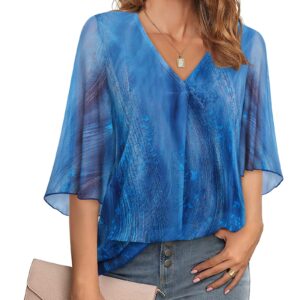 Bebonnie Womens 3/4 Sleeve Tops and Blouses Fashion 2023 Bell Sleeve Polyester Tunic Tops Loose Fit Chiffon Blouses Business Casual Formal Tops for Women Elegant Evening Wear Starry Blue M