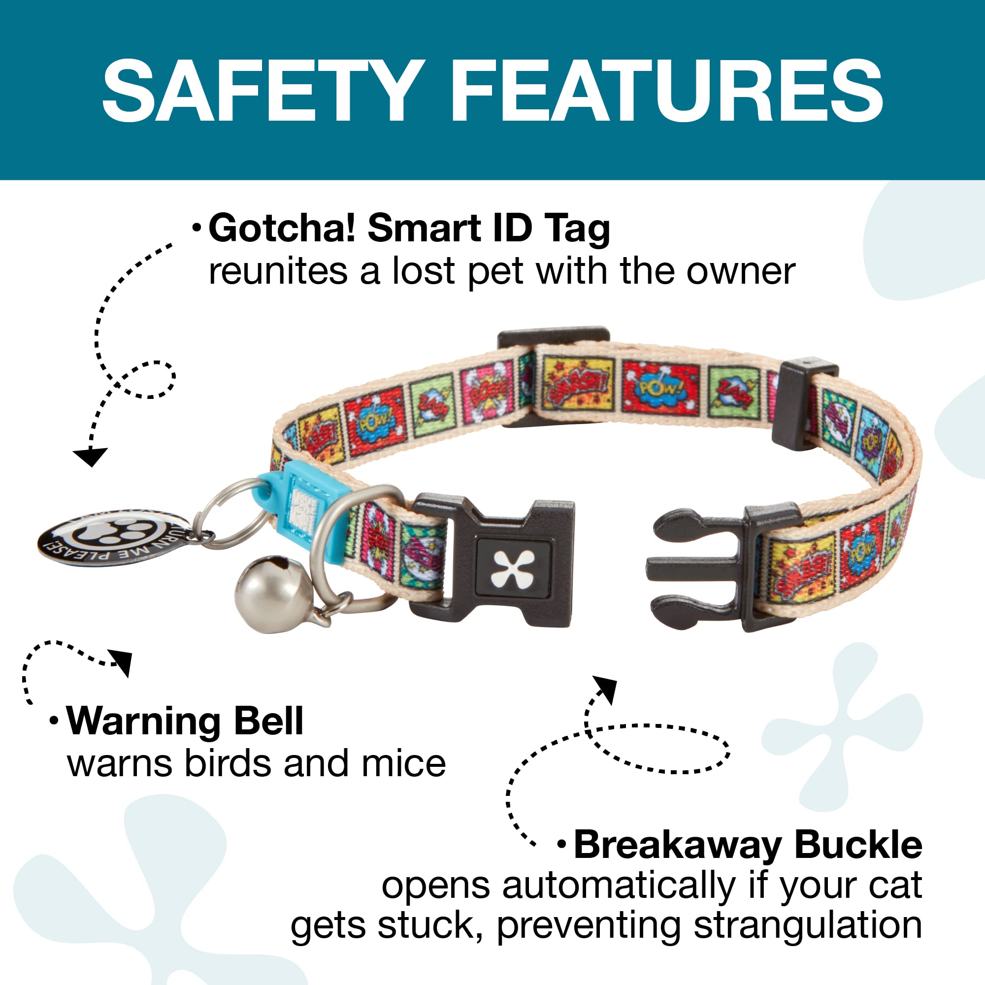 Max & Molly Fun & Whimsy Cat Collar with Jingle Bell, Breakaway Safety Buckle, Adjustable Sizing & Smart ID Personalized Tag for Girl or Boy Cats/Kittens, Comic Design