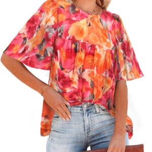 luvamia Bell Sleeve Blouses for Women Casual Floral Boho Babydoll Womens Blouses and Tops Dressy Work Tops for Women Floral Shirts for Women Orange Pink Floral Size XX-Large Fits Size 20 Size 22