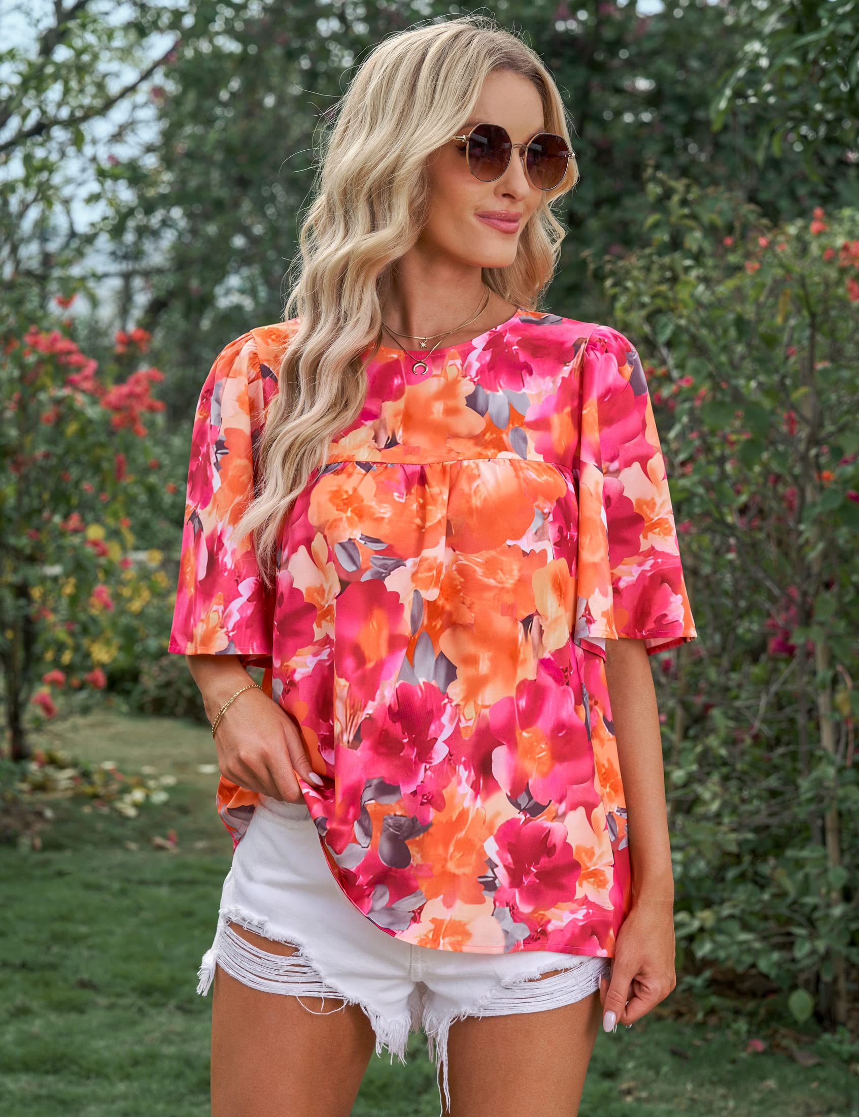 luvamia Bell Sleeve Blouses for Women Casual Floral Boho Babydoll Womens Blouses and Tops Dressy Work Tops for Women Floral Shirts for Women Orange Pink Floral Size XX-Large Fits Size 20 Size 22